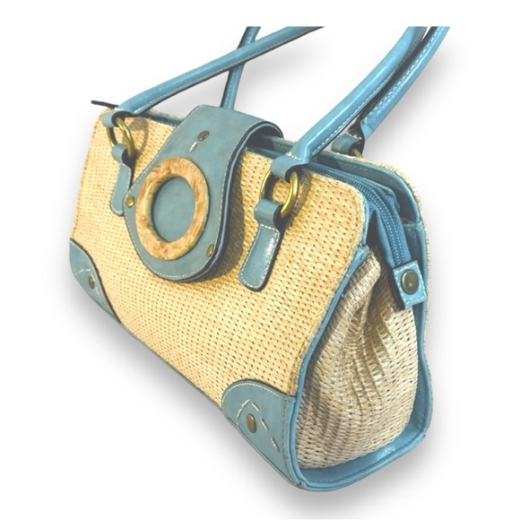VINTAGE 70s Faux Straw and Aqua Satchel - Picture 3 of 14